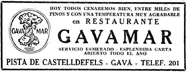 Anuncio del Restaurante Gavamar de Gav Mar publicado en el diario LA VANGUARDIA (24 de Julio de 1958)